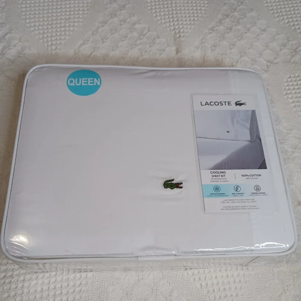Lacoste Sheet Set White 4pcs Cooling Solid 100% Cotton size Queen